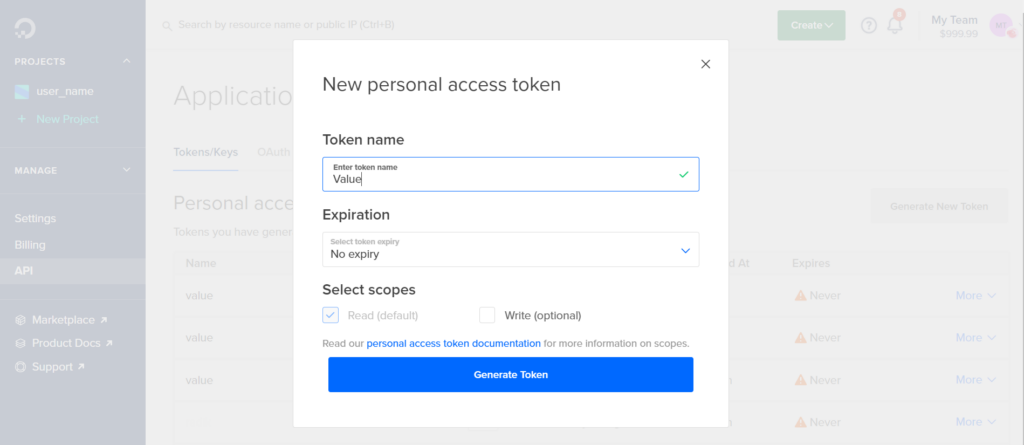 New Digital Ocean personal access token