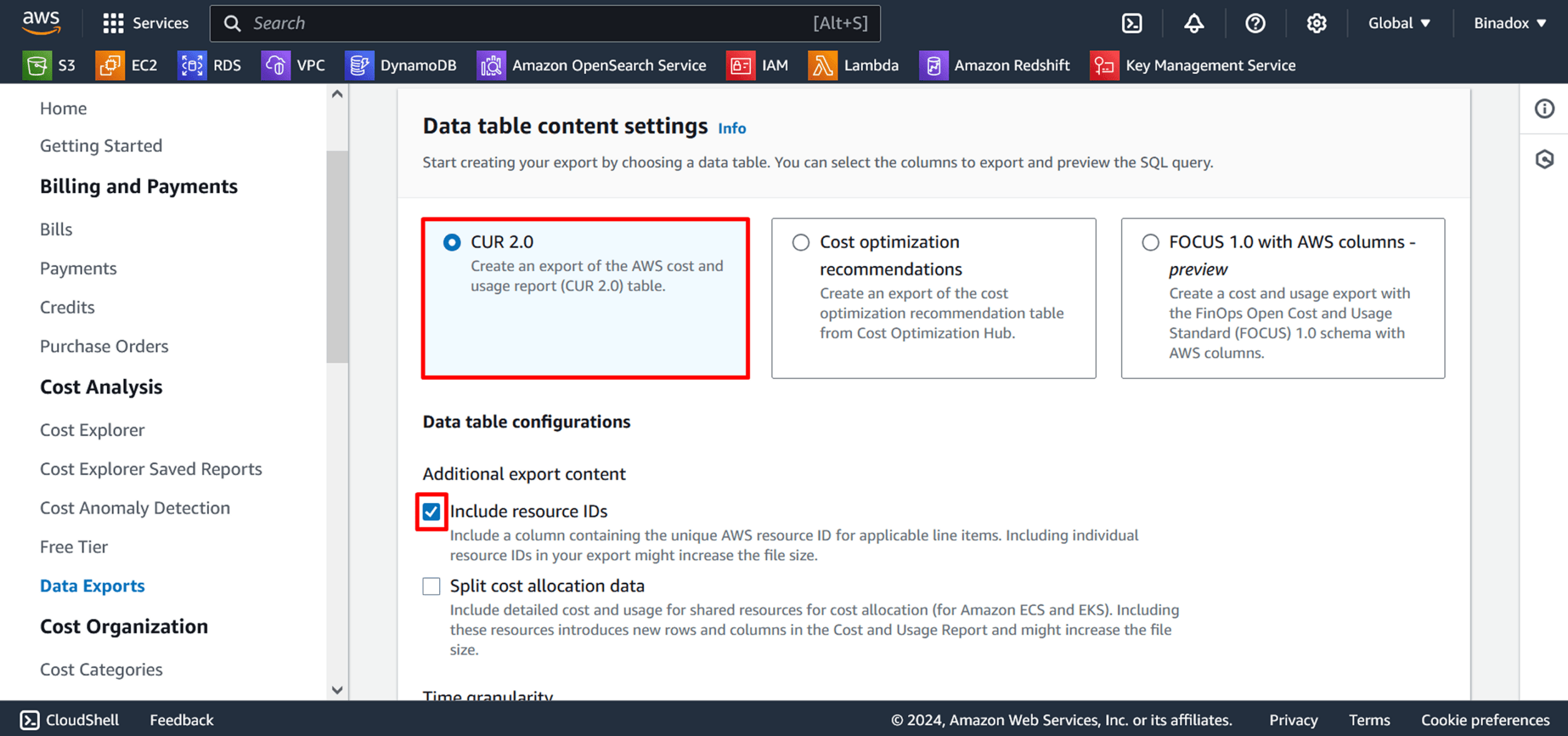 Data table content settings
