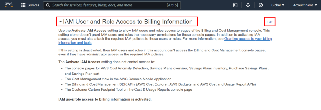 IAM User and Role Access to Billing Information
