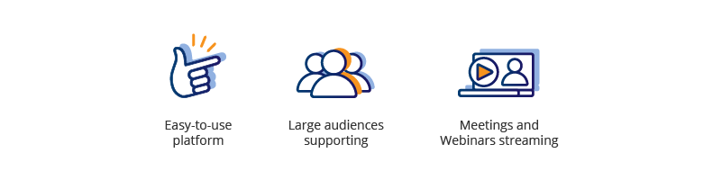 Reasons why businesses use Zoom: easy-to-use platform, large audiences supporting, meetings and webinars streaming