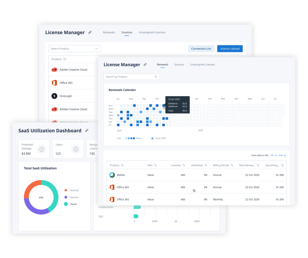 Binadox SaaS subscriptions management features: SaaS Utilization Dashboard, Renewals Calendar, Invoices section in the License Manager