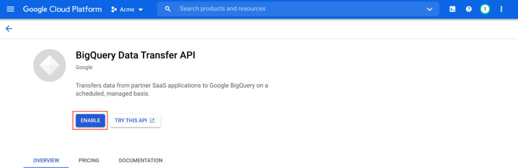 Enable BigQuery Data Transfer API
