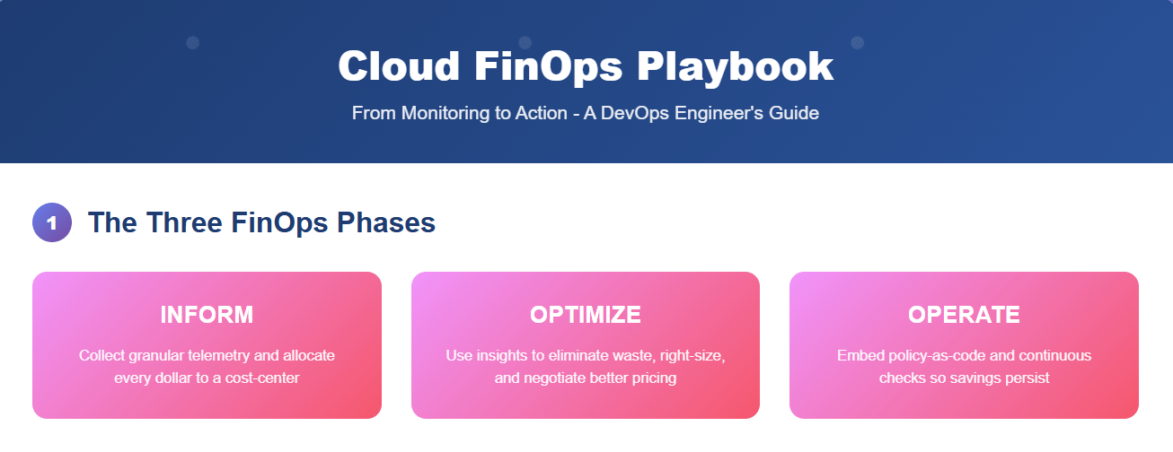 Cloud FinOps Playbook hero banner showing the three FinOps phases—Inform, Optimize, Operate—for DevOps engineers.