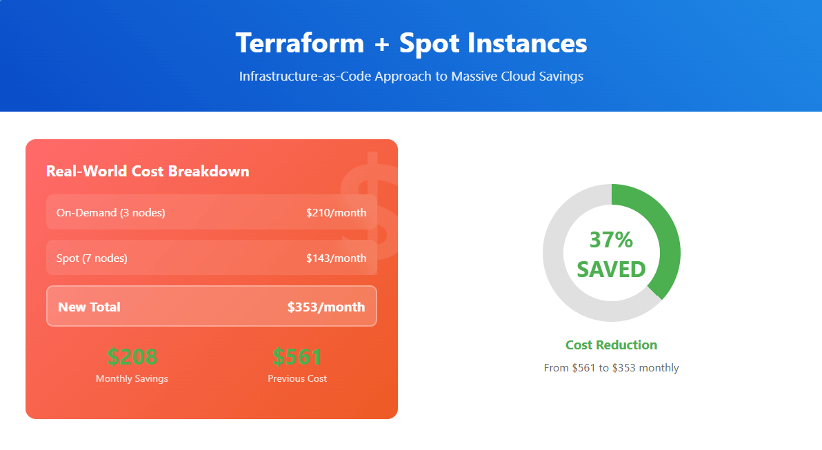 Infographic showing a monthly cost drop from 1 to 3 and a donut chart highlighting 37 % saved.