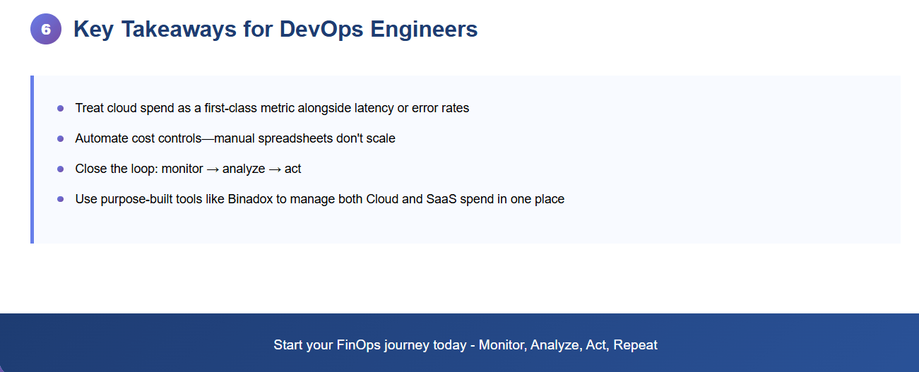 Blue call-out box listing four key FinOps take-aways for DevOps engineers