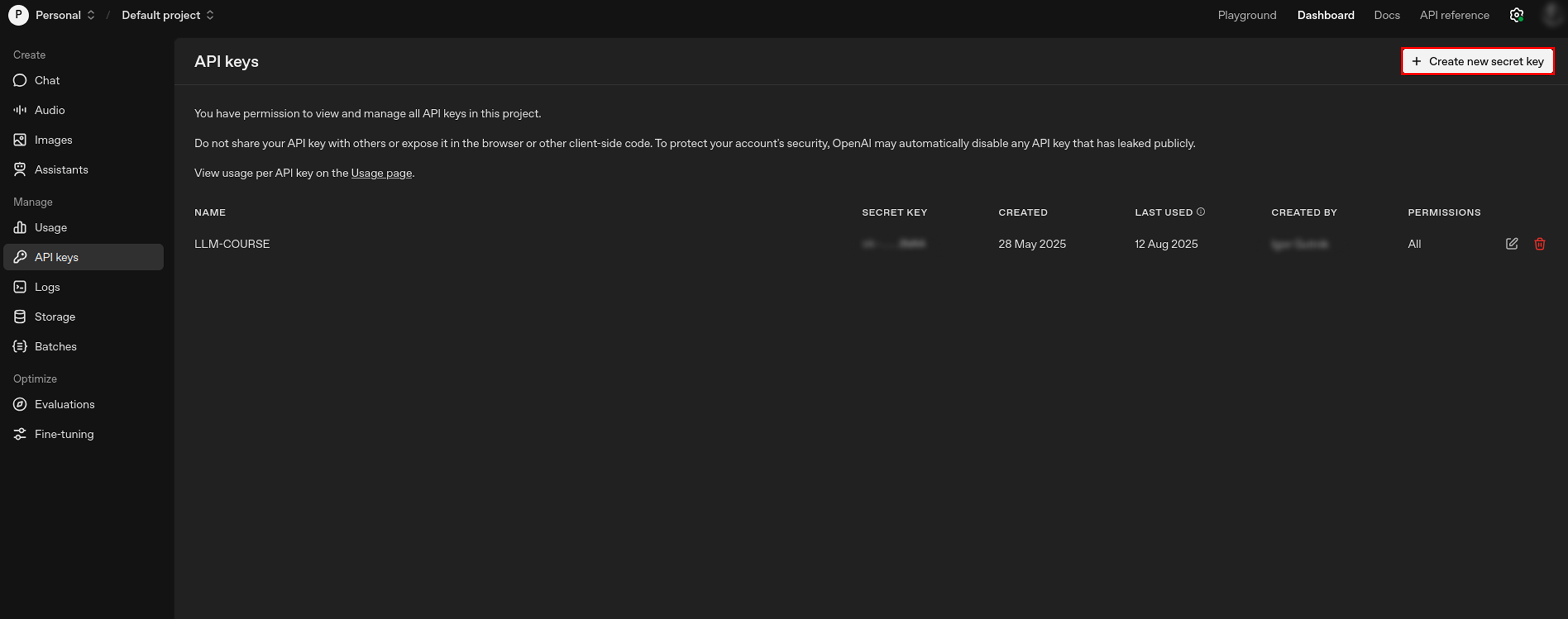 Create new secret key