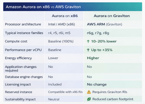 Amazon Aurora x86 vs AWS Graviton Comparison Table