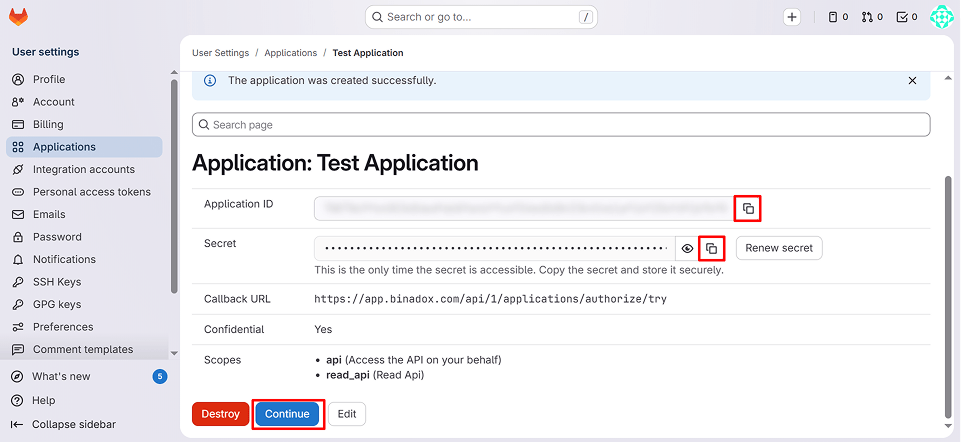 Copy Application ID and Secret Key