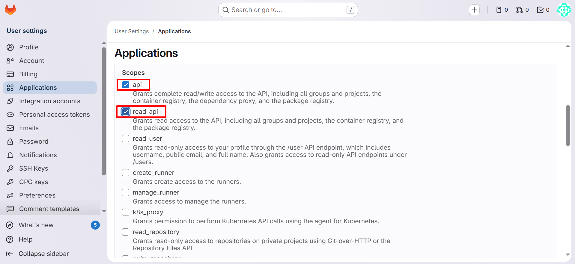 Give API and Read API scopes and Save Application