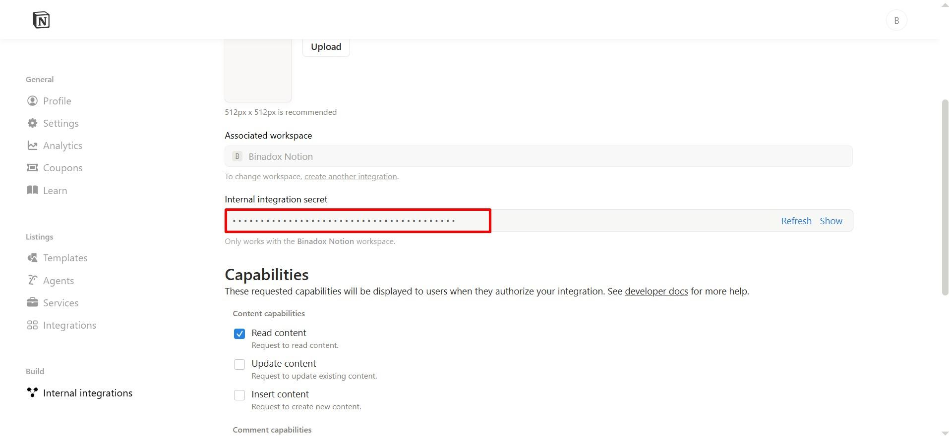 Copy Internal integration secret