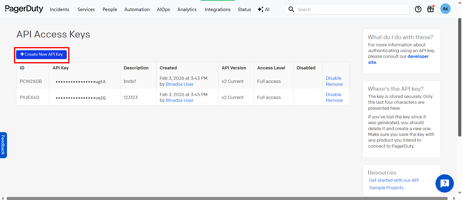 Create New API Key button