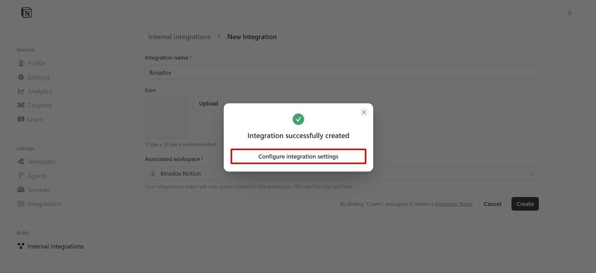 Integration successfully created