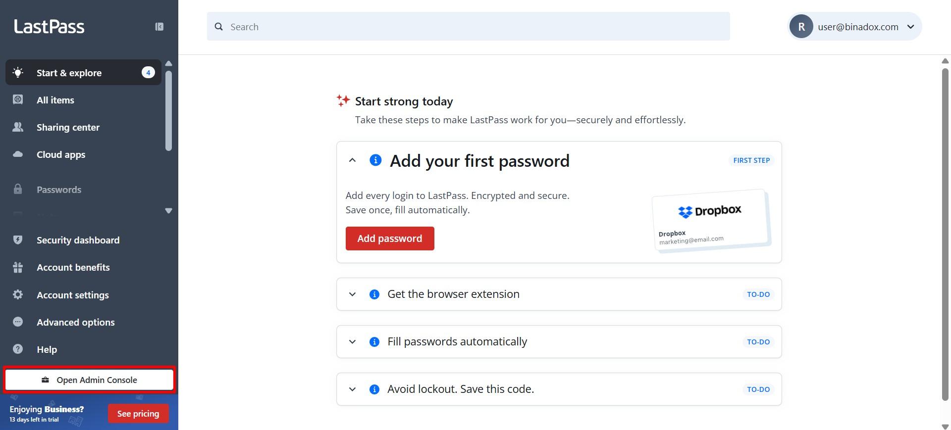 Open admin console button