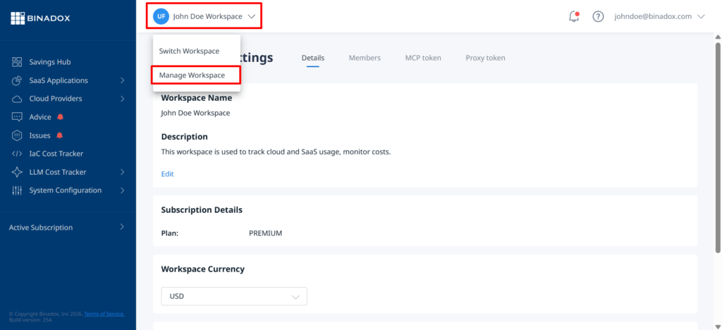 Manage Workspace button