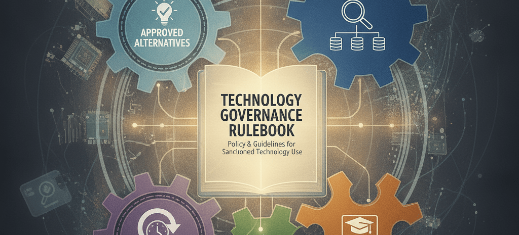 A conceptual illustration depicting a robust governance framework for technology, centered around a clear policy document. Interconnected elements like gears or puzzle pieces surround it, representing key components such as discovery, risk assessment, employee education, approved alternatives, and continuous review. This visual emphasizes the structured and collaborative approach needed to develop and maintain an effective shadow IT policy.