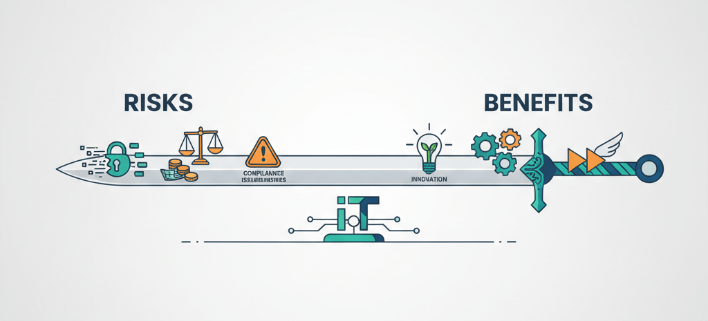 A conceptual illustration of a double-edged sword, symbolizing the dual nature of Shadow IT. One side, labeled 'Risks,' depicts icons representing data breaches, compliance violations, and increased costs. The other side, labeled 'Benefits,' shows icons for increased productivity, innovation, and agility. The sword is balanced, highlighting the critical need to weigh the dangers against the potential advantages when addressing unsanctioned technology.
