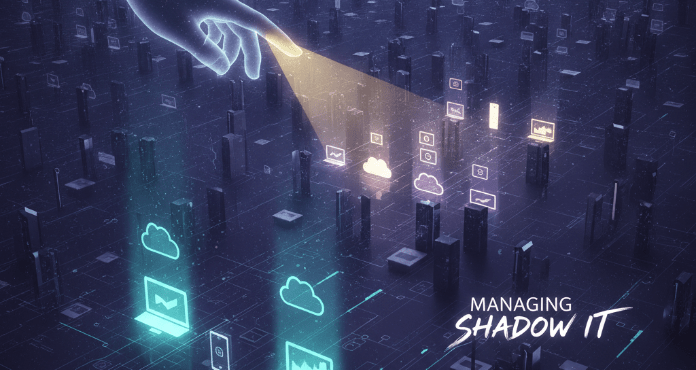 A conceptual illustration showing the challenge of managing shadow IT. In the foreground, approved technologies are clearly visible, while in the background, numerous unapproved applications and data flows are partially hidden in shadows, representing the pervasive nature of unsanctioned tech. A guiding light or hand symbolizes the effort to bring these hidden elements into view and manage their risks, highlighting the need for comprehensive oversight in a modern enterprise.
