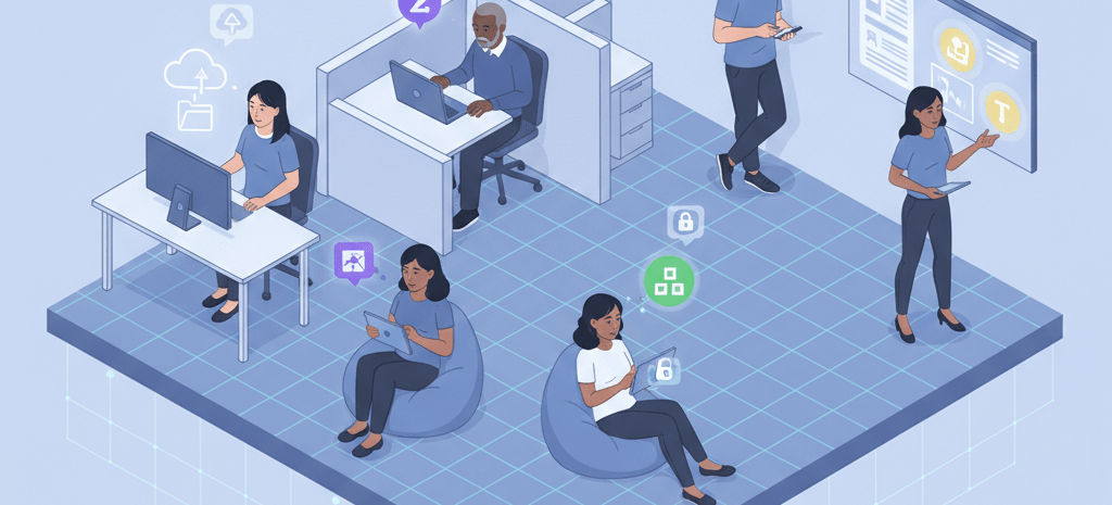 An illustration depicting various employees in an office environment, each using different unapproved digital tools like cloud storage, messaging apps, and project management software on their personal or work devices. These tools are shown as distinct icons operating outside a visible corporate network, illustrating the common examples and widespread nature of Shadow IT within an organization.