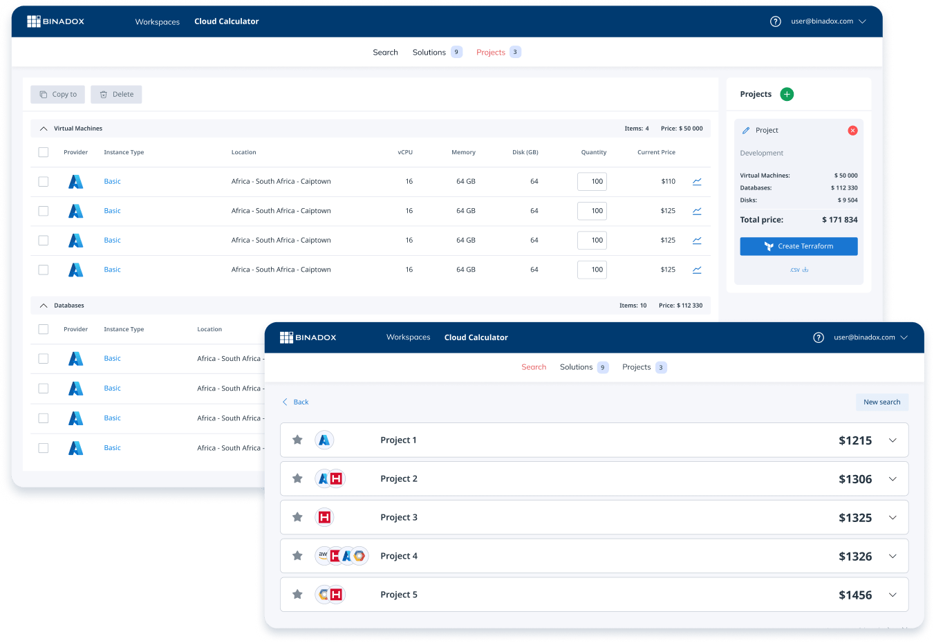 Binadox Cloud Calculator comparing pricing across AWS, Azure and GCP services