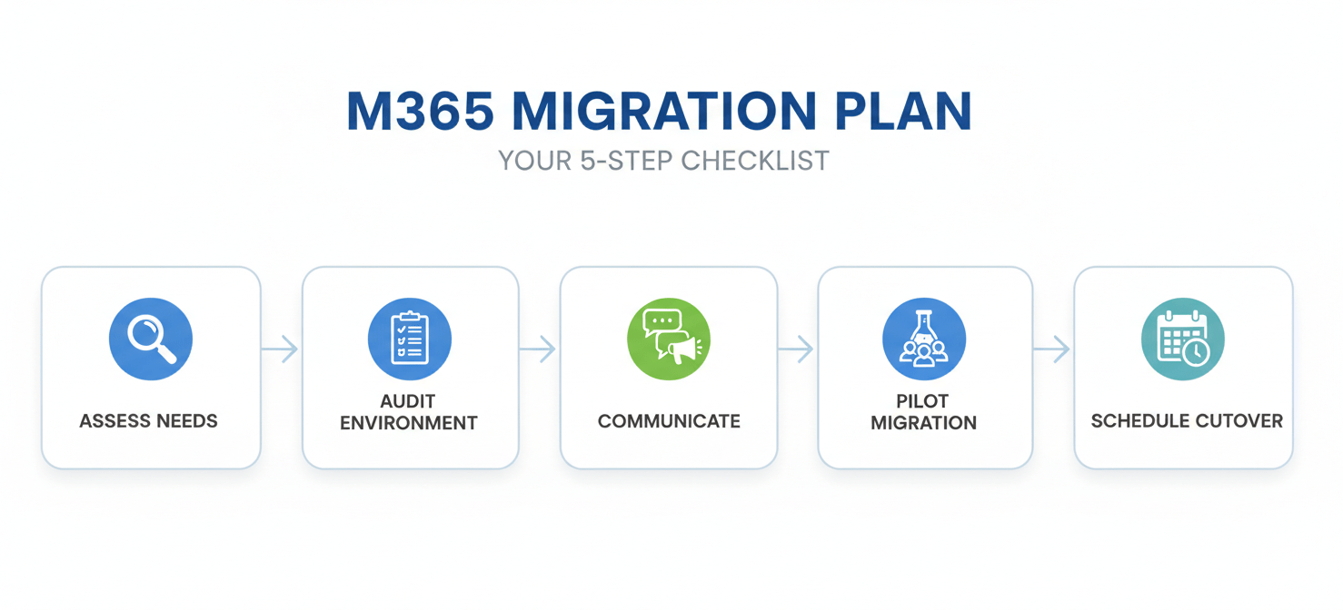 A 5-step checklist infographic for planning a Microsoft 365 migration. The steps are clearly laid out with icons: 'Assess Your Needs' (magnifying glass), 'Audit Your Current Environment' (clipboard), 'Communicate with Stakeholders' (megaphone), 'Run a Pilot Migration' (test tube), and 'Schedule the Cutover' (calendar), emphasizing a structured approach to ensure a smooth transition.