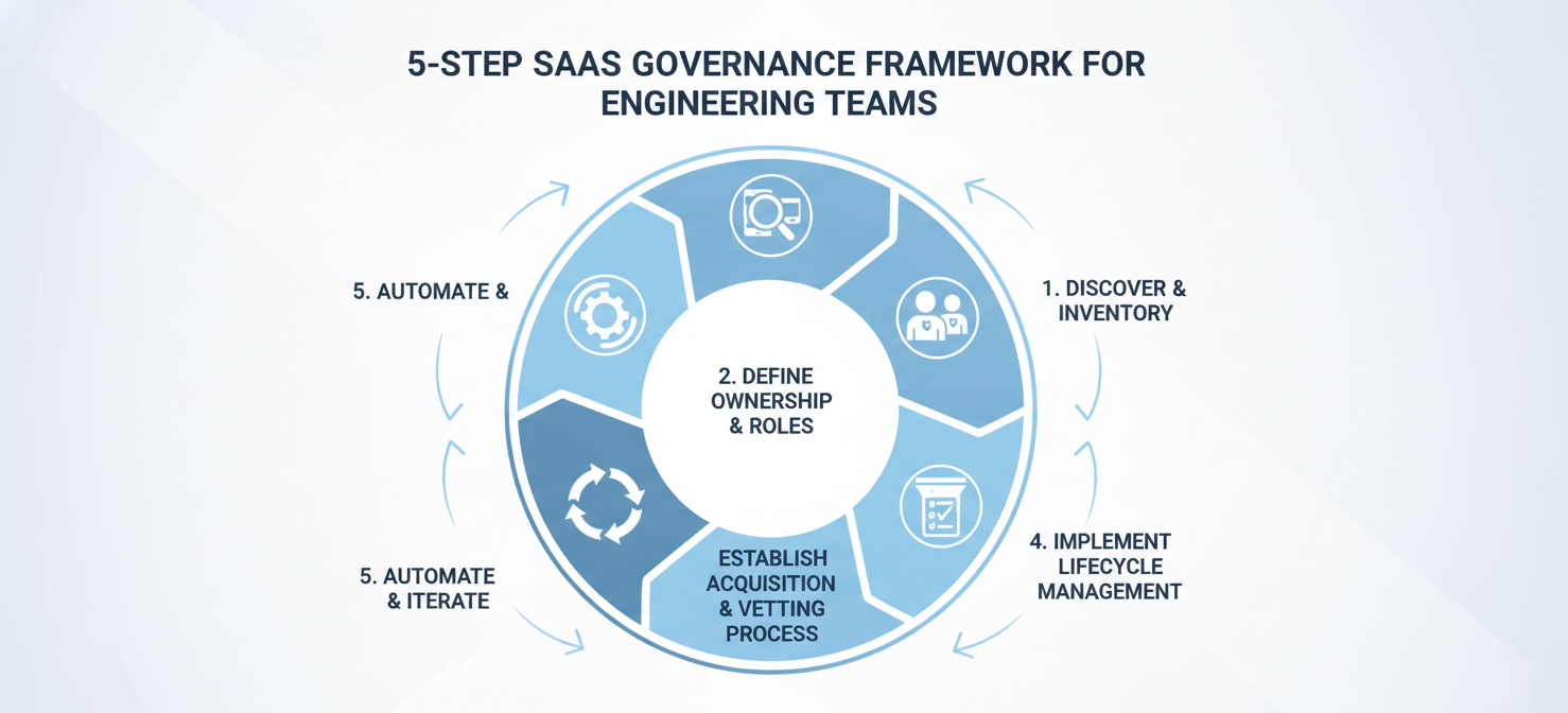 A 5-step cyclical diagram outlining a SaaS governance framework for engineering teams, detailing processes for discovery, ownership, acquisition, lifecycle management, and automation.