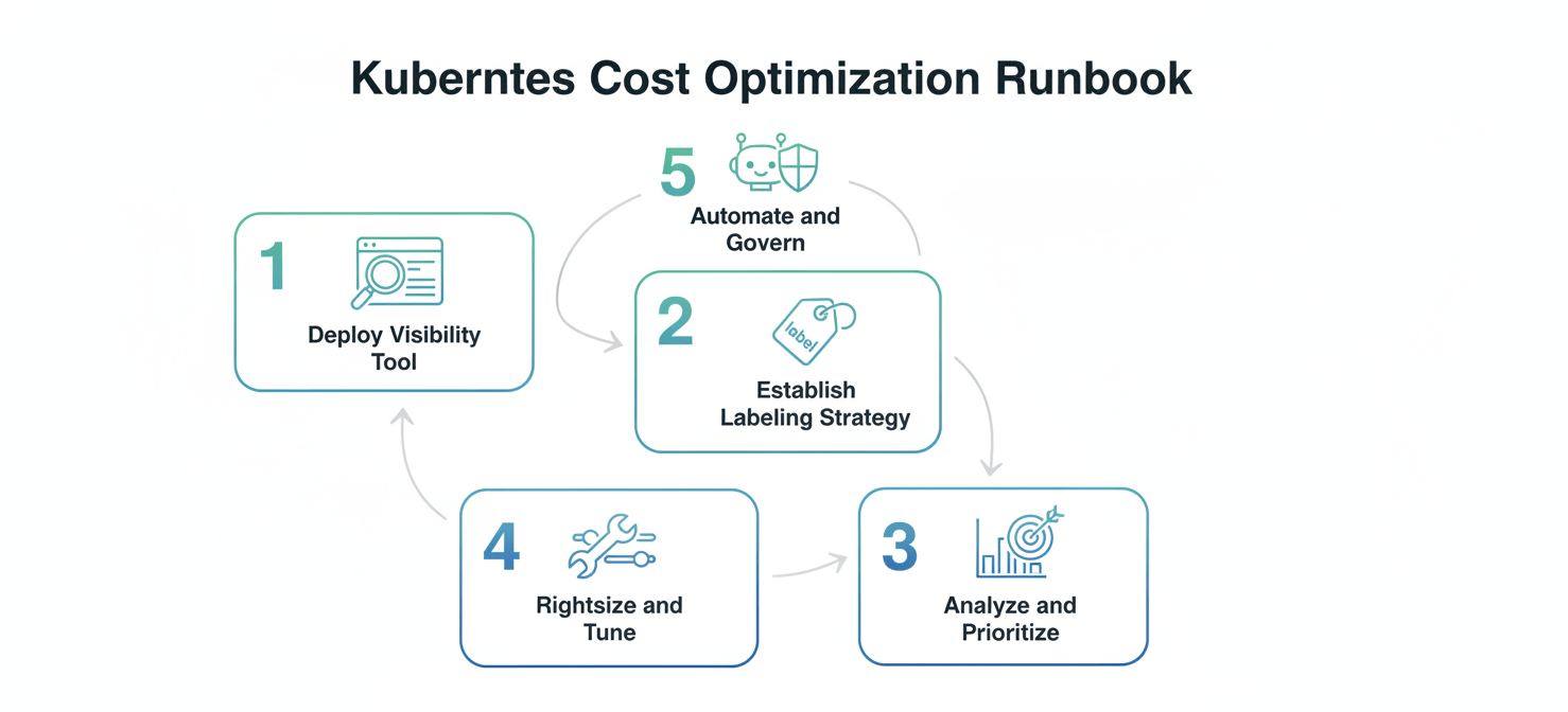 A 5-step runbook diagram for practical Kubernetes cost optimization, outlining the process from deploying a visibility tool and establishing a labeling strategy to analyzing and prioritizing workloads, rightsizing and tuning resources, and finally automating and governing cost policies for continuous savings.