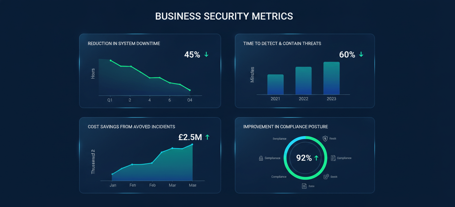 A business-oriented security dashboard displaying key performance indicators such as reduction in system downtime, improved threat detection and containment times, cost savings from avoided incidents, and enhanced compliance posture.