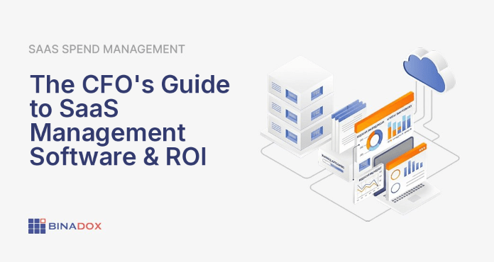 A CFO uses a central dashboard to manage a complex network of SaaS applications, symbolizing how saas management software provides financial control and strategic oversight over sprawling digital assets, optimizing costs and improving forecasting for modern enterprises.