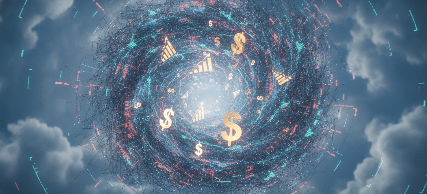 A chaotic visual representation of cloud costs, specifically from CloudWatch logs and custom metrics, spiraling out of control due to unmanaged decisions and high-cardinality dimensions, forming a complex, growing vortex of expenses.