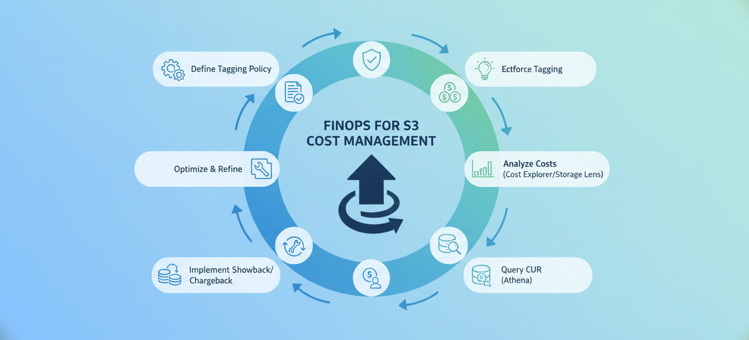 A circular diagram illustrating the continuous FinOps process for S3 cost management, encompassing defining and enforcing tagging policies, activating tags, analyzing costs with AWS tools, querying CUR, implementing showback/chargeback, and continuous optimization.