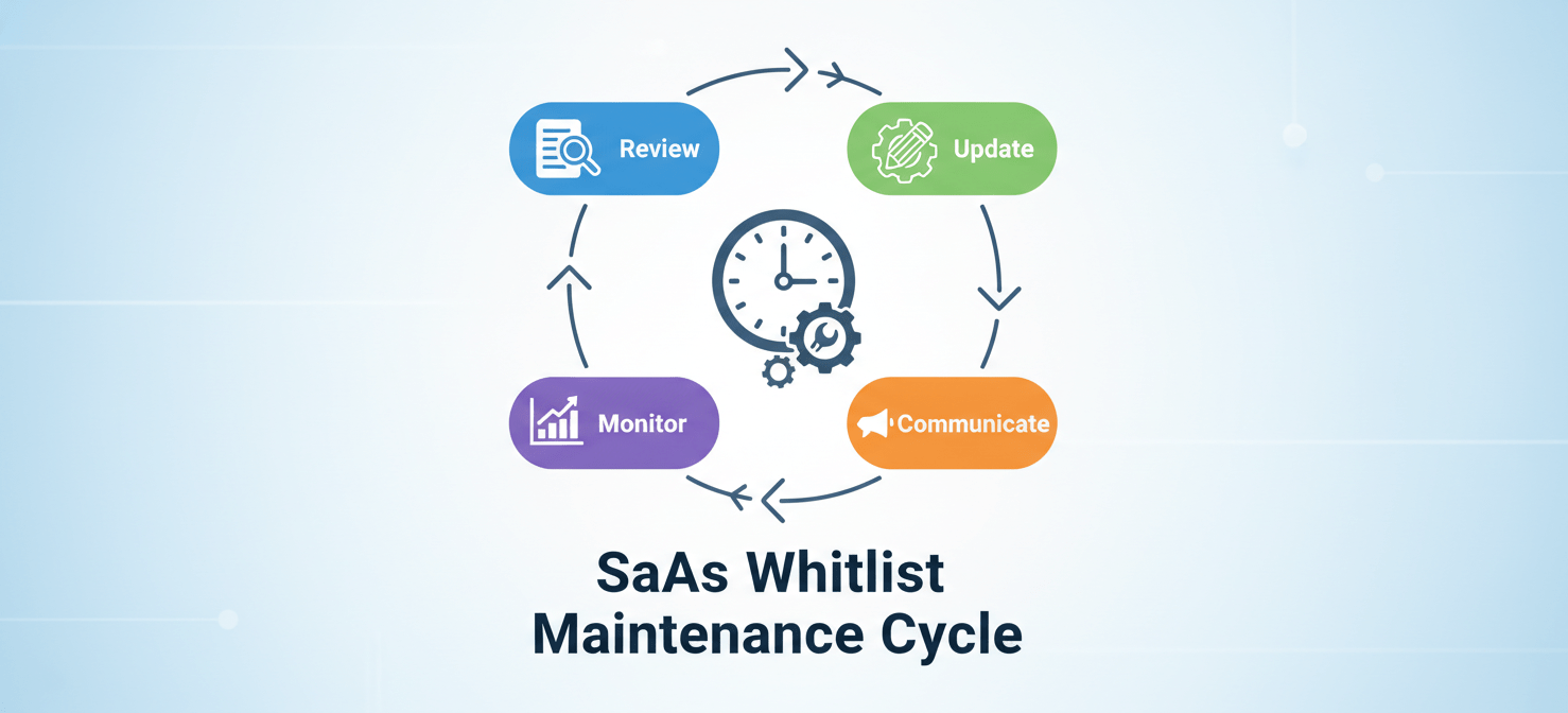 A circular diagram illustrating the continuous process of maintaining a SaaS whitelist, highlighting regular reviews, updates, communication, and monitoring as essential for keeping the strategy effective and relevant over time.