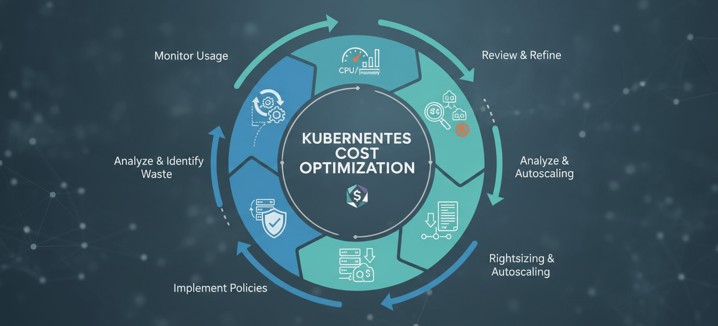 A circular diagram illustrating the continuous process of optimizing Kubernetes usage for cost reduction. It depicts an iterative cycle including monitoring resource usage, analyzing for waste, rightsizing and autoscaling workloads, implementing cost policies, and continuously reviewing and refining strategies to achieve ongoing savings.