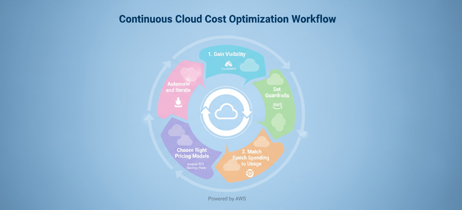 A circular infographic illustrating a continuous 5-step workflow for cloud cost optimization: Gaining Visibility, Setting Guardrails, Matching Spending to Usage, Choosing Right Pricing Models, and Automating & Iterating. This visualizes a systematic approach to reducing AWS cloud cost.