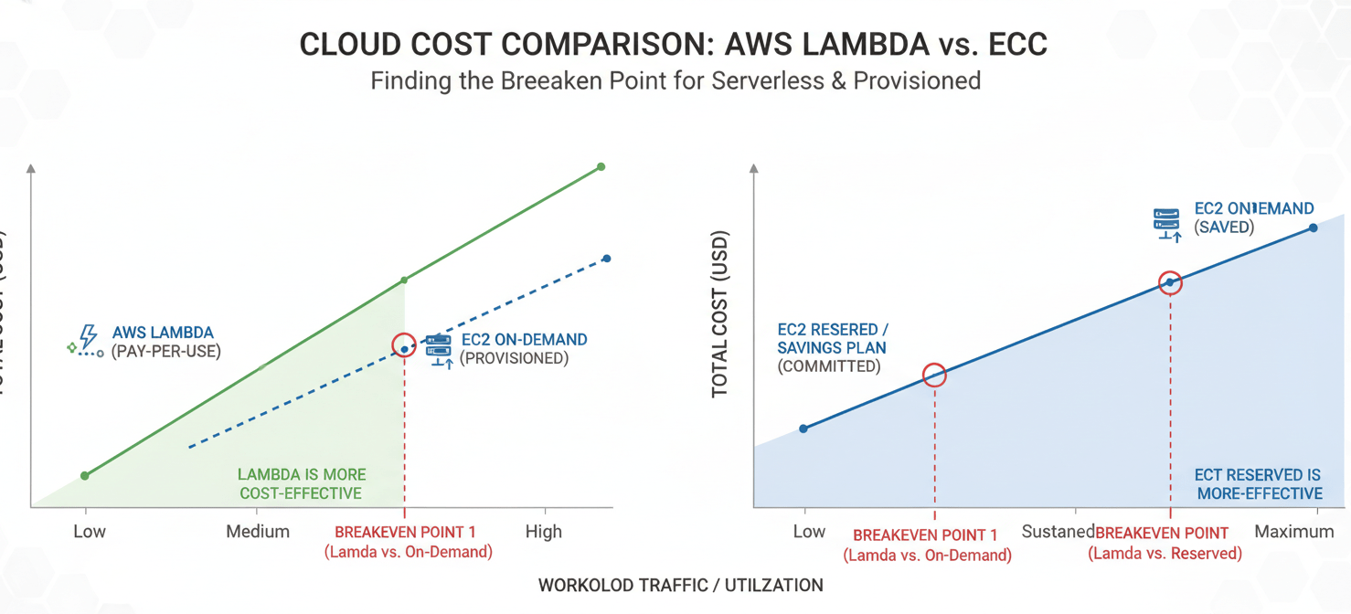 A comparative chart illustrating the cost models of AWS Lambda and EC2 (On-Demand vs. Reserved Instances). The chart shows how Lambda's pay-per-use model is cost-effective for intermittent workloads, while EC2 with commitments becomes more economical for sustained, high-volume traffic, highlighting a conceptual breakeven point based on utilization.