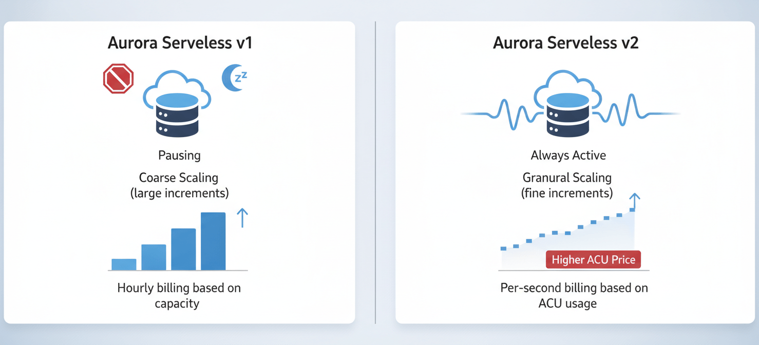 A comparative diagram contrasting Aurora Serverless v1 and v2. V1 is shown with a database icon that pauses and scales in large steps, while V2 is depicted as continuously active, scaling in small, granular increments, emphasizing its always-on nature and higher ACU cost per hour.