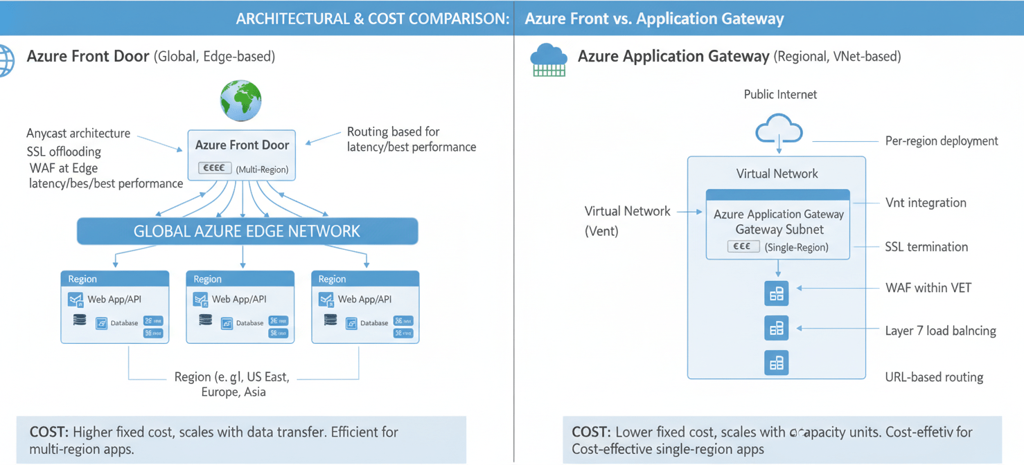 A comparative diagram illustrating the architectural and cost differences between Azure Front Door and Azure Application Gateway. Front Door is depicted as a global service at the network edge, suitable for multi-region applications, while Application Gateway is shown as a regional service within a virtual network, often more cost-effective for single-region deployments. The visual emphasizes their distinct operational scopes and billing models.
