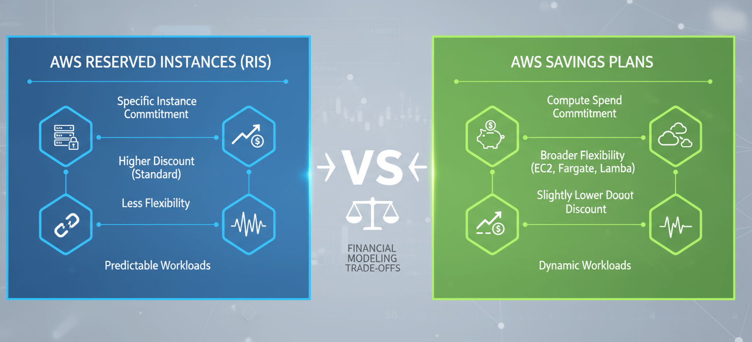 A comparative diagram illustrating the key differences between AWS Reserved Instances (RIs) and AWS Savings Plans from a financial modeling perspective. It highlights RIs' commitment to specific instance types for predictable workloads versus Savings Plans' commitment to compute spend across services for dynamic workloads, aiding finance teams in strategic cloud cost optimization decisions.