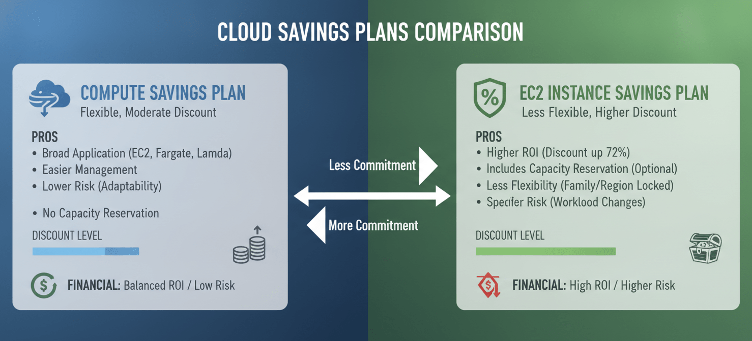 A comparative diagram illustrating the trade-offs between Compute Savings Plans and EC2 Instance Savings Plans. One side highlights the flexibility and broad applicability of Compute Plans across various AWS services, while the other emphasizes the deeper discounts but stricter commitment of EC2 Instance Plans, crucial for financial modeling of different scenarios.