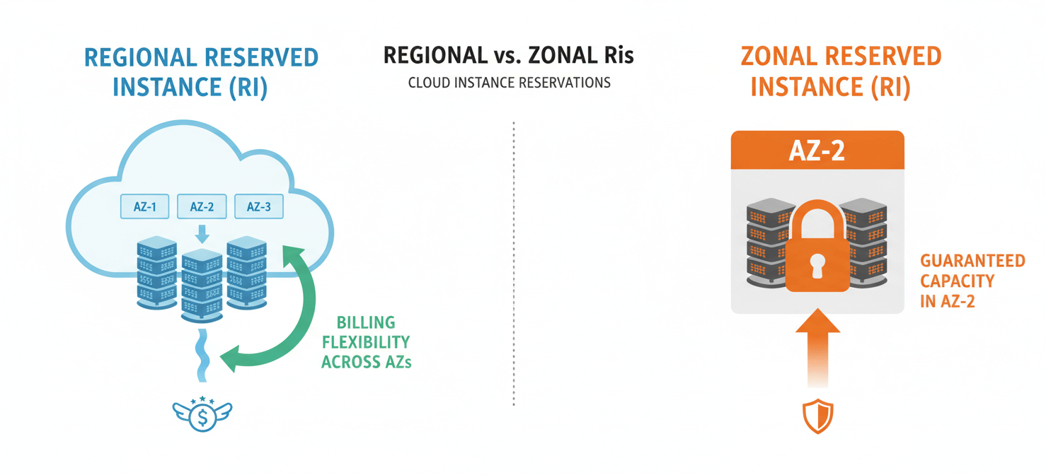 A comparative illustration highlighting the differences between Regional and Zonal AWS Reserved Instances, showing Regional RIs offering billing flexibility across an entire region versus Zonal RIs providing capacity reservation in a specific Availability Zone.