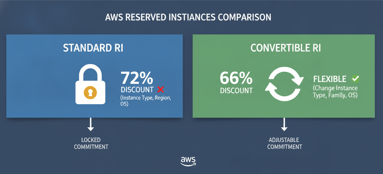 A comparison diagram highlighting the differences between Standard and Convertible AWS Reserved Instances. Standard RIs offer higher discounts but less flexibility, depicted with a locked icon. Convertible RIs provide moderate discounts with the ability to exchange instance attributes, shown with a swap icon.