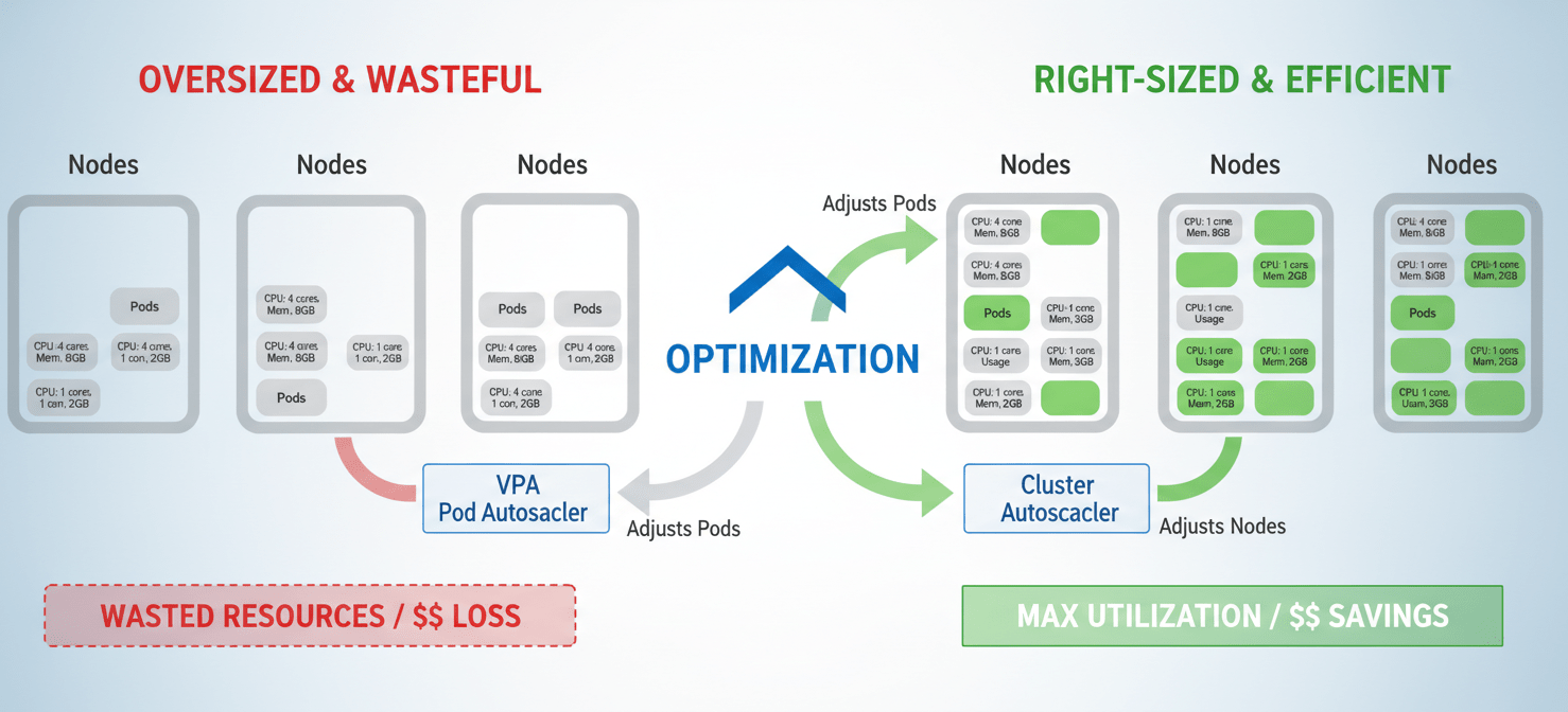 A comparison diagram illustrating the benefits of right-sizing Kubernetes pods and nodes, showing inefficient overprovisioning versus optimal resource utilization with tightly packed workloads.