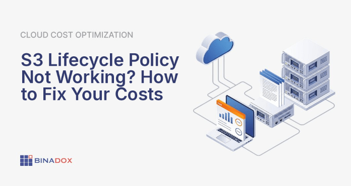 A complex diagram showing an S3 lifecycle policy not working, with data objects piling up in expensive storage tiers instead of transitioning to cheaper ones. The illustration features a broken automation pipeline, highlighting misconfigurations and hidden costs that lead to rising cloud bills for Amazon S3 users.
