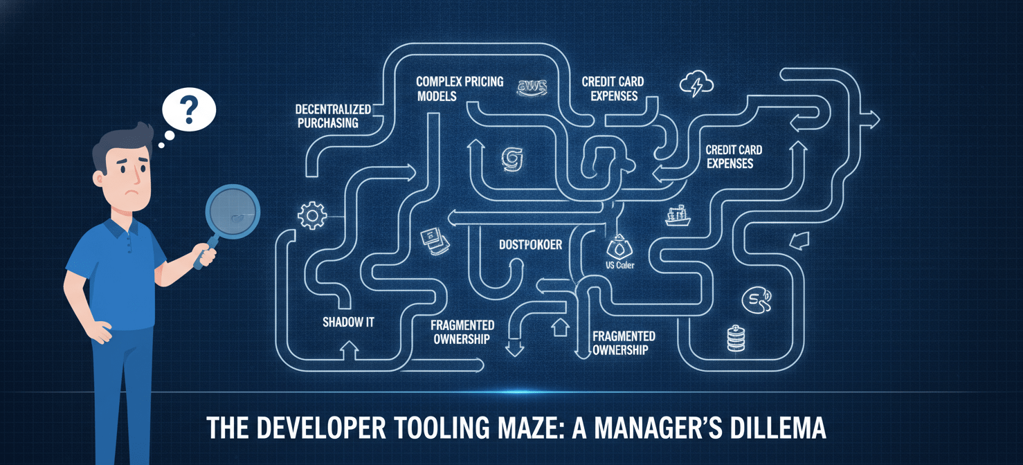 A complex, winding maze filled with icons of developer tools and labels like 'shadow IT' and 'fragmented ownership', illustrating the unique challenges engineering managers face in tracking software usage and spend.