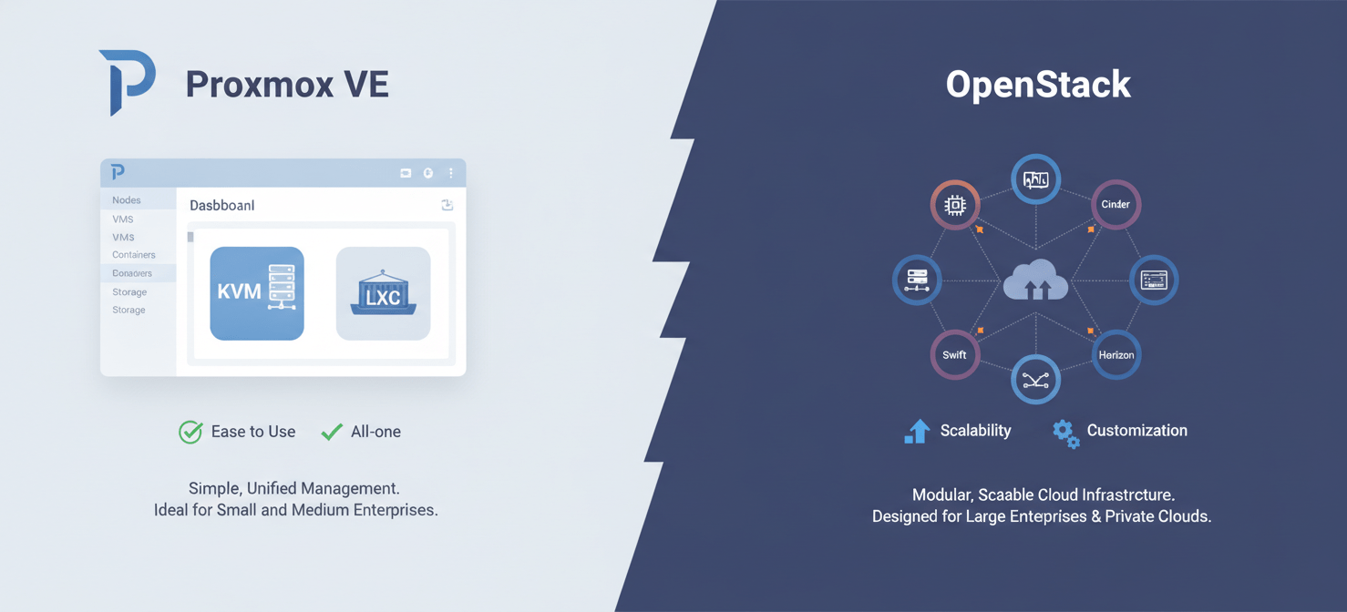 A conceptual comparison illustrating the differences between Proxmox VE and OpenStack as open-source virtualization alternatives. Proxmox is shown as a more integrated, cost-effective solution for general enterprise use, while OpenStack is depicted as a highly scalable, complex platform for building private clouds.
