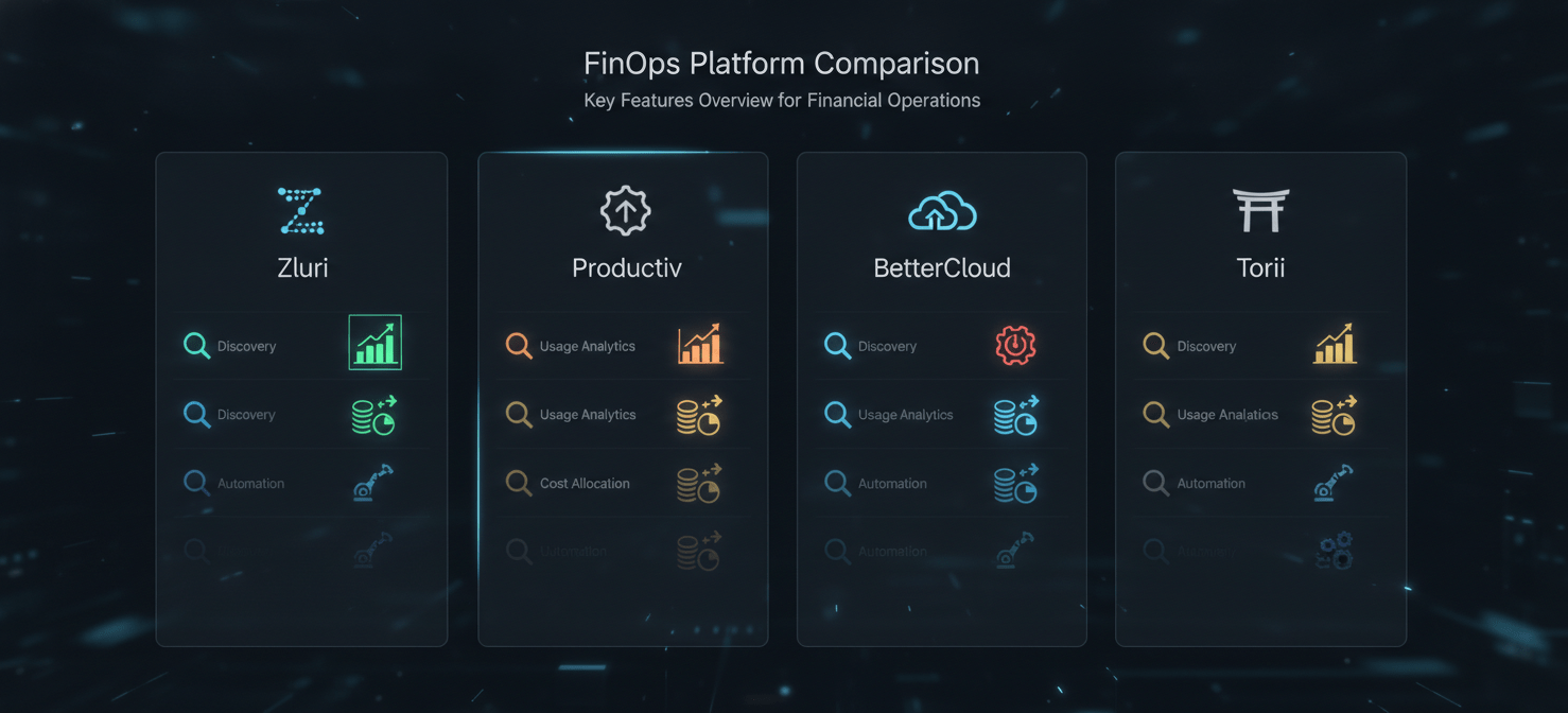 A conceptual dashboard comparing leading SaaS spend management platforms like Zluri, Productiv, BetterCloud, and Torii. The illustration highlights their distinct strengths in areas such as comprehensive discovery, detailed usage analytics, robust cost allocation, and powerful automation capabilities, aiding FinOps professionals in selecting the right tool for their specific needs.
