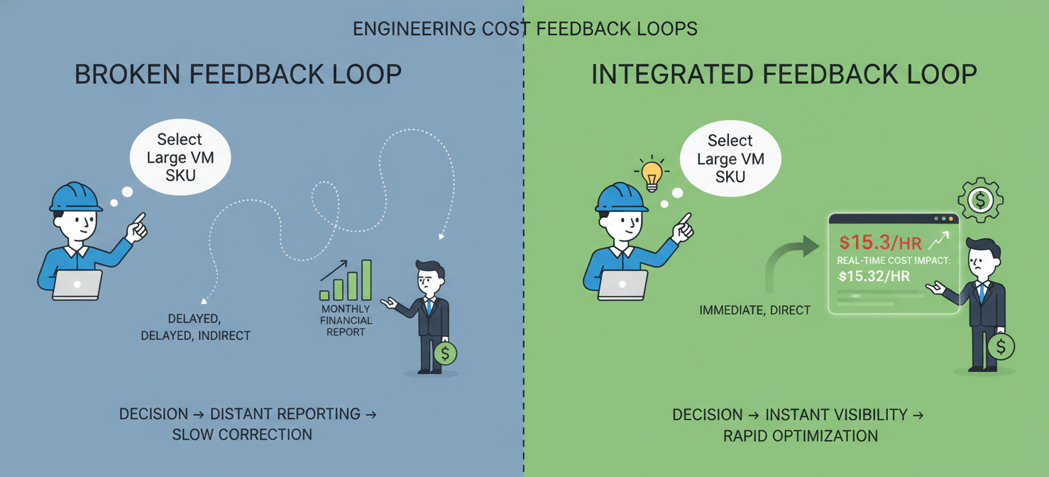 A conceptual diagram contrasting a disconnected feedback loop, where engineering decisions have delayed financial impact, with an integrated loop where engineers receive immediate cost feedback, highlighting why cost management is an engineering responsibility.