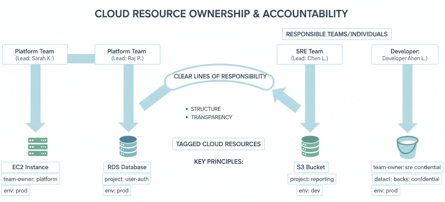 A conceptual diagram demonstrating clear ownership and accountability for cloud resources through a robust tagging policy. Different cloud services are shown with specific tags like 'team-owner' and 'project', linking them directly to responsible engineering teams, fostering transparency and distributed responsibility.