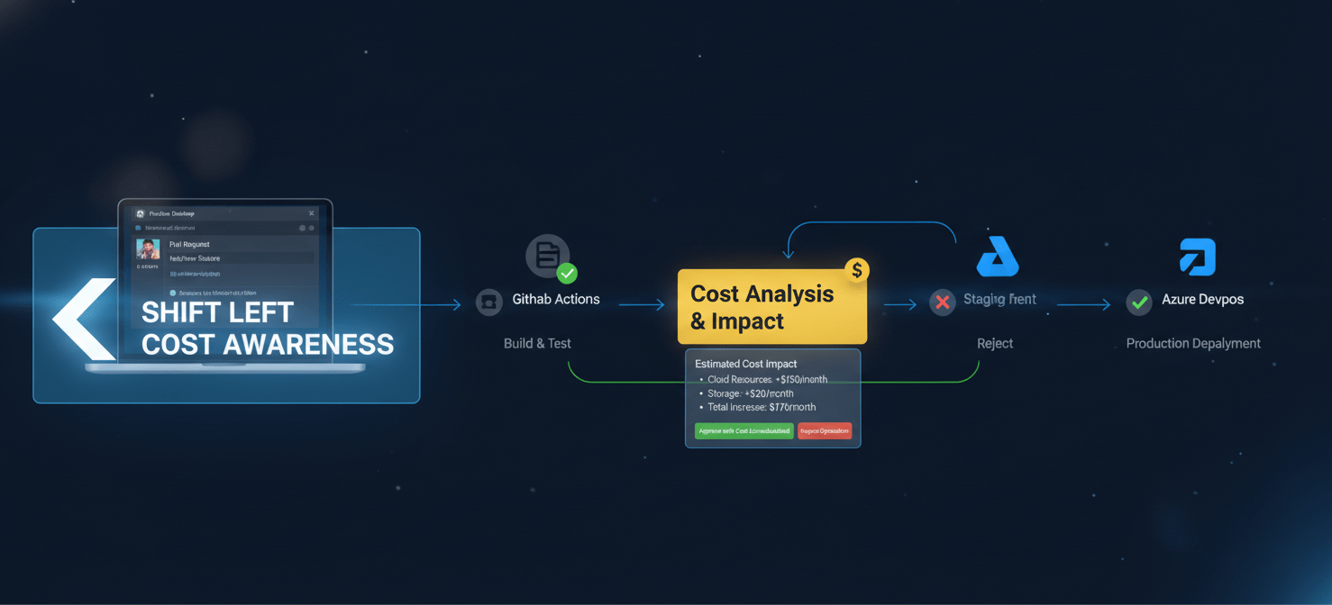 A conceptual diagram illustrating a CI/CD pipeline with an integrated 'Cost Analysis' step, where engineers receive immediate feedback on the financial impact of their infrastructure changes during pull request reviews, shifting cost awareness left in the development cycle.