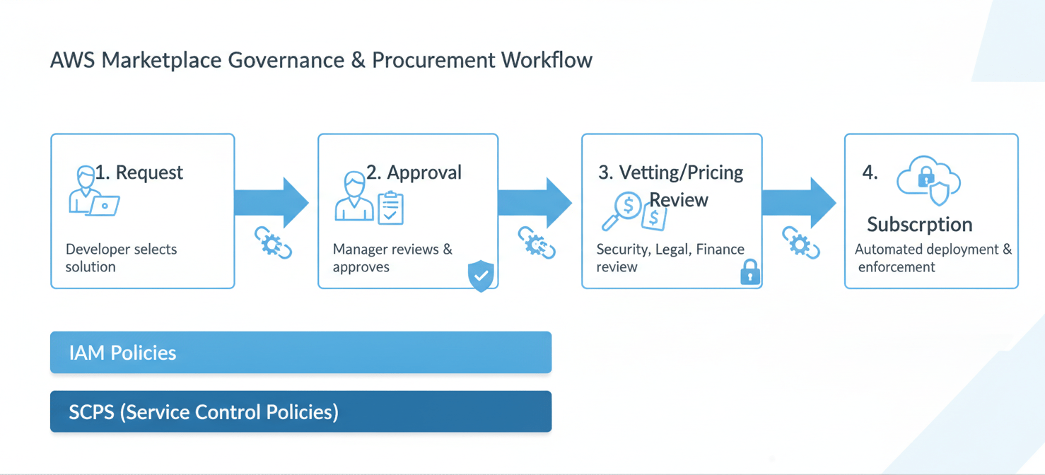 A conceptual diagram illustrating a proactive governance and procurement workflow for AWS Marketplace subscriptions. It shows a structured process from request and approval to vetting software pricing and secure subscription, underpinned by IAM policies and Service Control Policies (SCPs) to prevent unauthorized purchases and manage costs effectively.