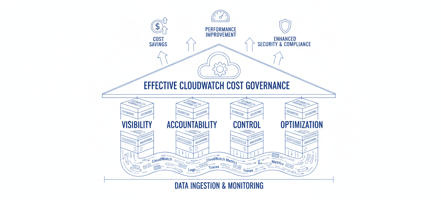A conceptual diagram illustrating a robust CloudWatch cost governance framework built on four foundational pillars: Visibility, Accountability, Control, and Optimization, supporting effective budget management.
